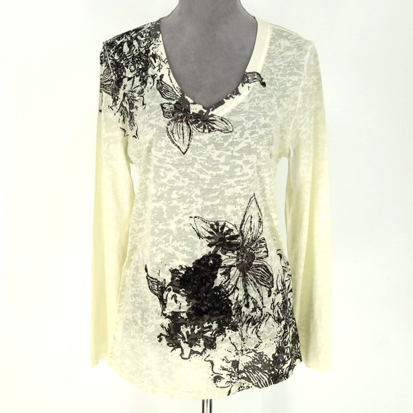 Coldwater Creek Top Womens Large Ivory Black Floral Sequin T-shirt Slub Knit - Picture 14 of 15